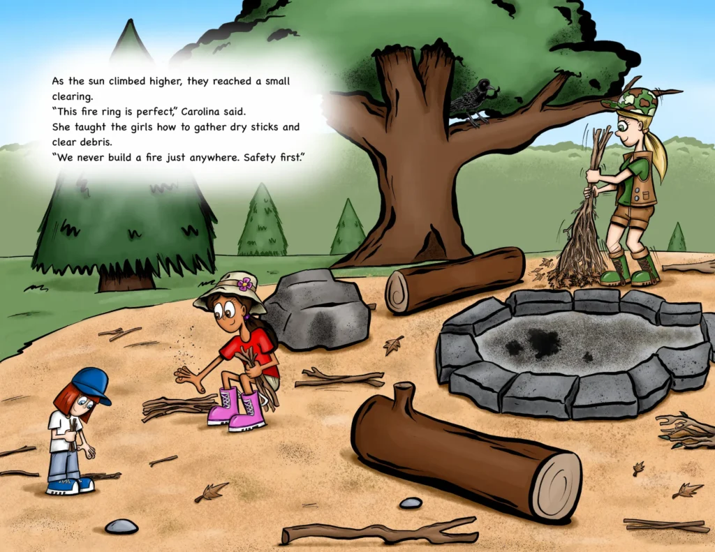 Building a campfire as a team to cook the catch!